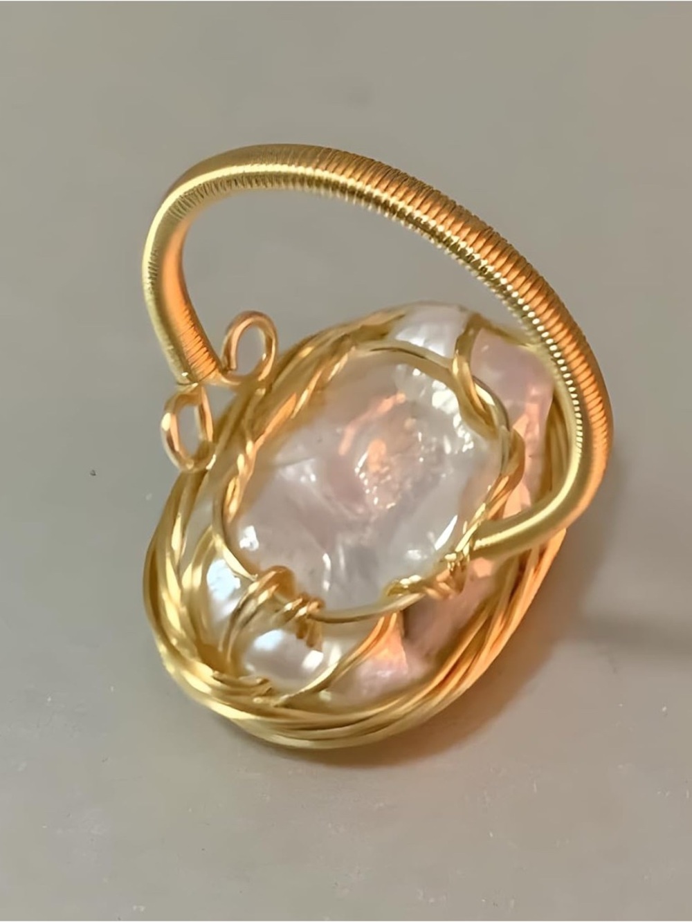 Handcrafted 14K Gold Plated Baroque Pearl Ring Adjustable - Picture 4 of 8